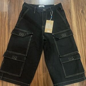 YMI Black High-Rise Cargo Shorts with Contrast Stitching